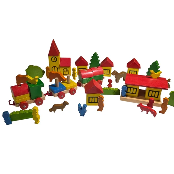 Vintage Lorenz Spielwelt Wooden Village And Train Building Set 70s West Germany - Picture 2 of 16